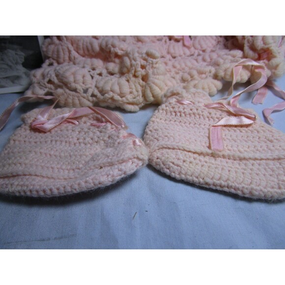 Vintage Pink Crocheted Baby  Outfit-Sweater-Booties-Beret/Handmade - Picture 4 of 5